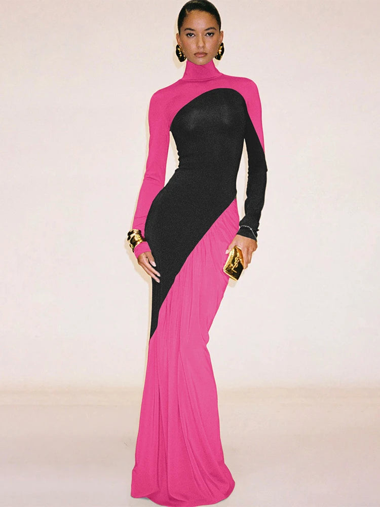 Patchwork Turtleneck Maxi Dress